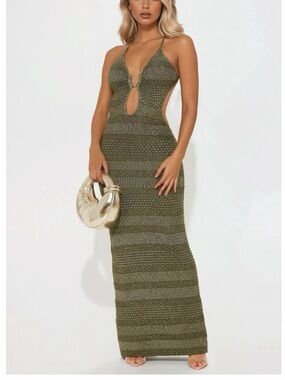 Fashion Nova Olive Crochet Halter Maxi Dress